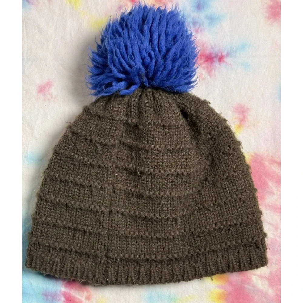 REI Co-op Beanie Hat Youth Brown Blue Pom Knit Fleece Lined Winter Y7-14